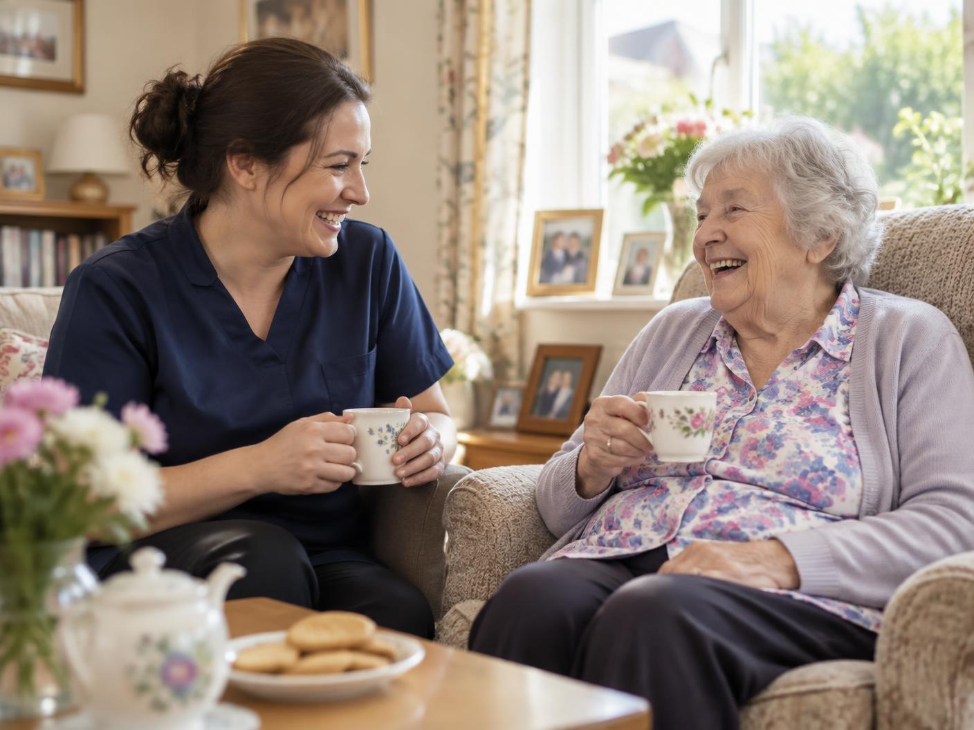 A care worker sharing a cup of tea and a laugh with an older woman at home
